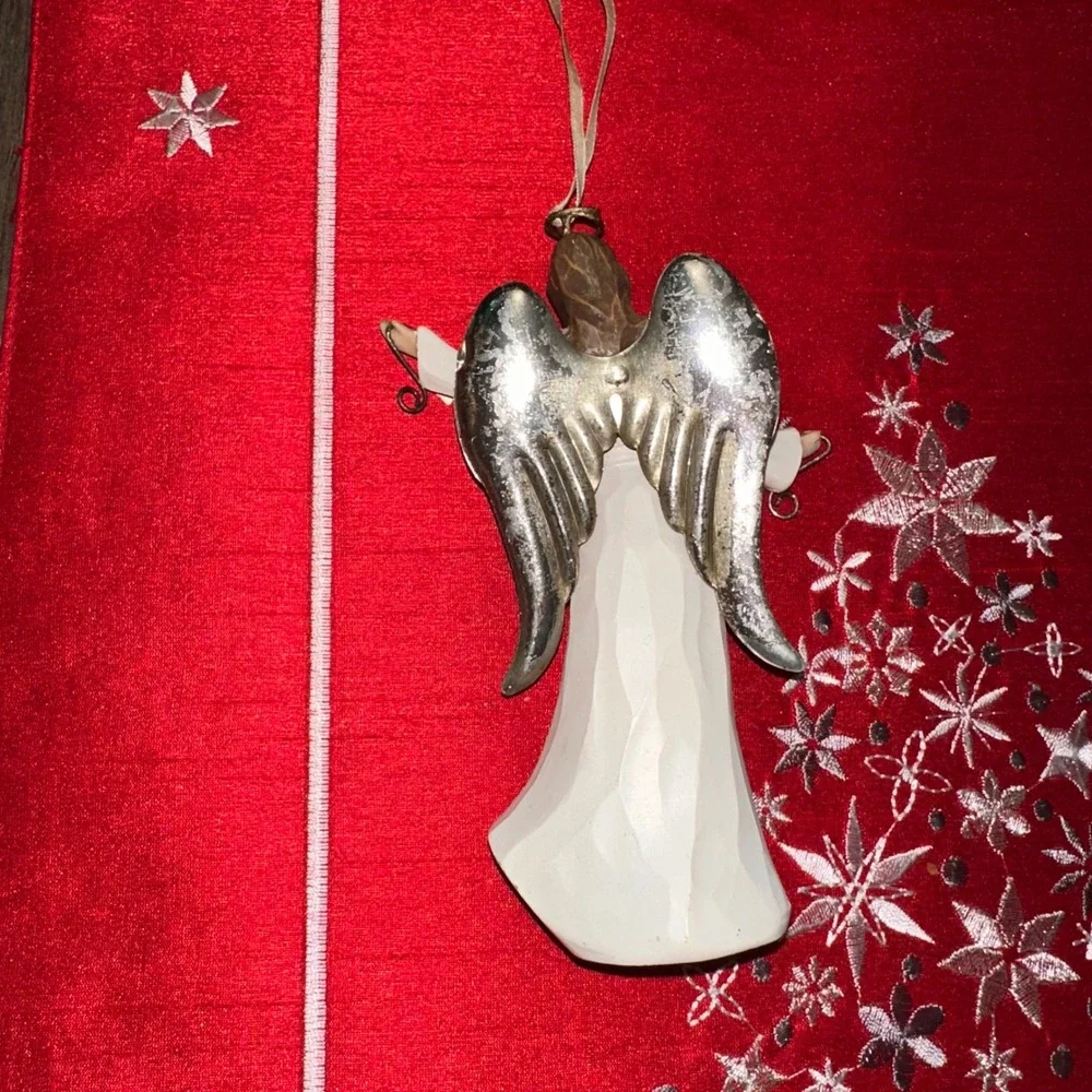 Angel Ornament Christmas Holiday Decor White Dress Silver Wings 